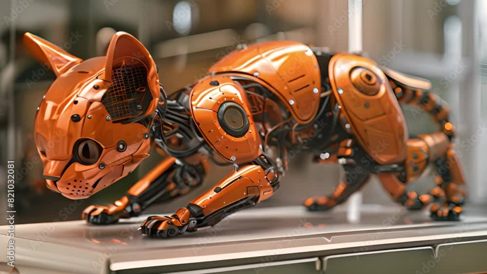 Poster This robot cat is showcased inside a glass case. Robot Cat Displayed in Glass Case
