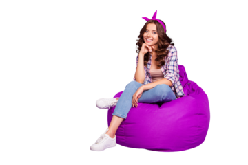 Full size portrait of carefree careless adorable good-looking lady with her trendy hairdo she sit isolated on vivid purple background in checkered shirt denim casual jeans look at camera