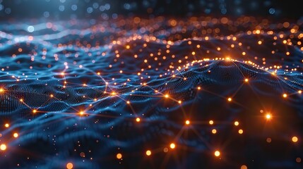 abstract technology background with a cyber network grid and connected particles artificial neurons global data connections .stock image