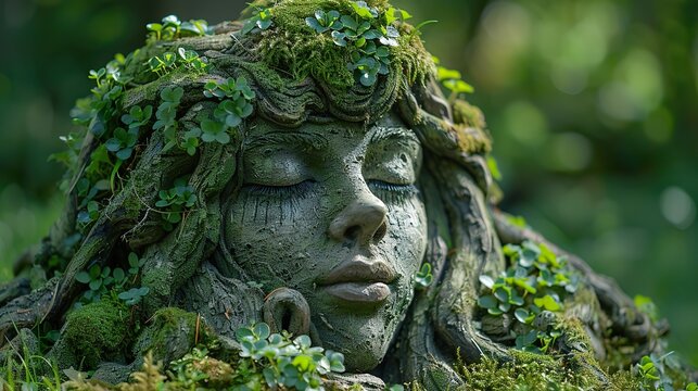 guardian of nature statue of a woman covered in green moss plants and roots in the wood nymph dryad fairy mystical myth and legend spirit of the forest.illustration