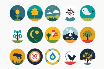 A collection of round icons with various themes, including nature, animals generated by AI