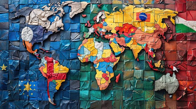 A global assemblage of flags includes those from America and Oceania..stock image