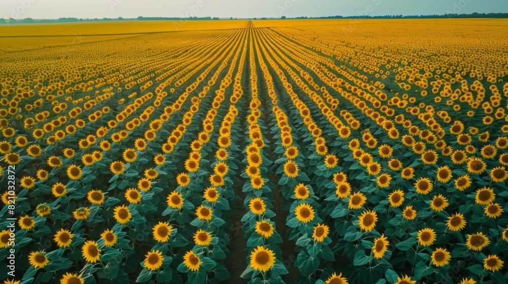 Poster Drone view of a vast sunflower field with neat rows of vibrant flowers.