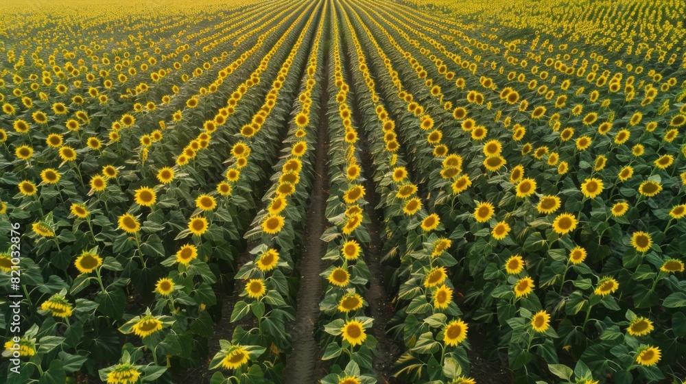 Poster Drone view of a vast sunflower field with neat rows of vibrant flowers.