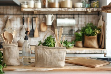 A kitchen with a basket of herbs and a bottle of dish soap generated by AI