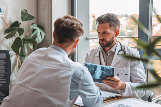 two doctors consulting about x-ray of patient in modern clinic