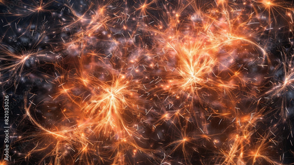 Fototapete Dynamic composition of fireworks forming intricate patterns against the dark sky.