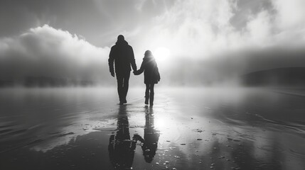parents walk hand in hand with their child.Generative AI