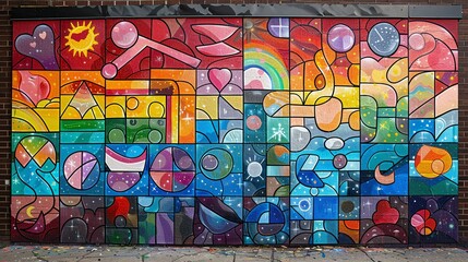 A community mural depicting various LGBTQ+ symbols, including the rainbow flag, transgender flag, and non-binary symbols, highlighting the beauty of gender diversity and artistic