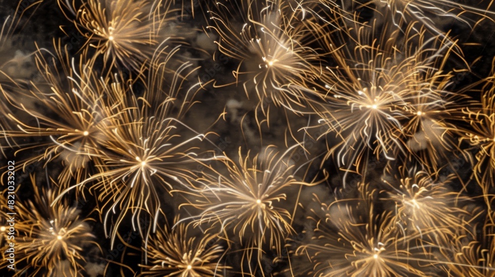 Poster dynamic composition of fireworks forming intricate patterns against the dark sky.