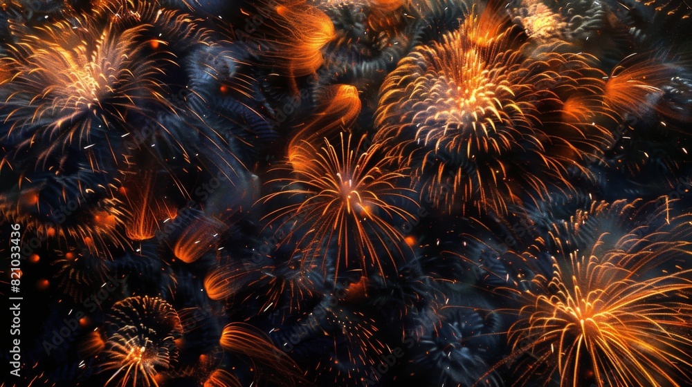Fototapete dynamic composition of fireworks forming intricate patterns against the dark sky.