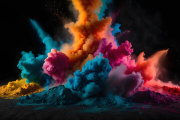 A vibrant eruption of colorful powder against a dark backdrop, Abstract dense multicolored smoke on a black isolated background. Background of smoke vape. Many colors. Rainbow powder.