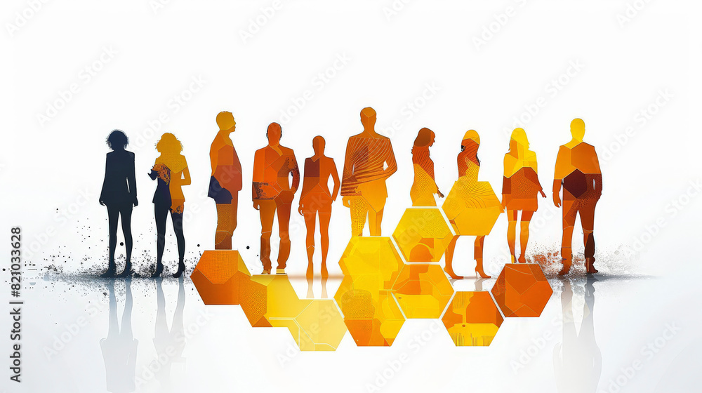 Poster a graphic with silhouettes of diverse people standing over a backdrop of abstract hexagonal shapes, 