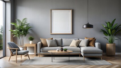 Fototapeta premium Minimalist Living Room Frame Mockup – White Background: A large rectangular frame on a white wall above a minimalist sofa, perfect for artwork and photography mockups. 