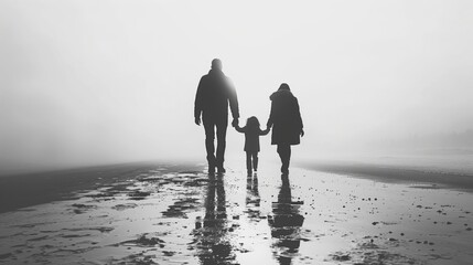 parents walk hand in hand with their child.Generative AI