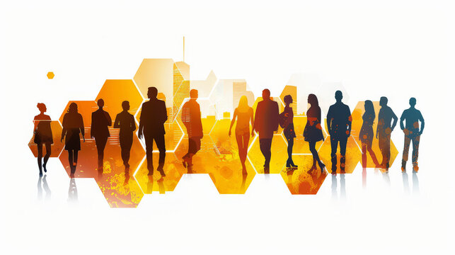 Illustration of diverse silhouetted professionals walking, with a vibrant cityscape backdrop, symbolizing urban workforce and corporate dynamism in a bustling metropolitan setting.