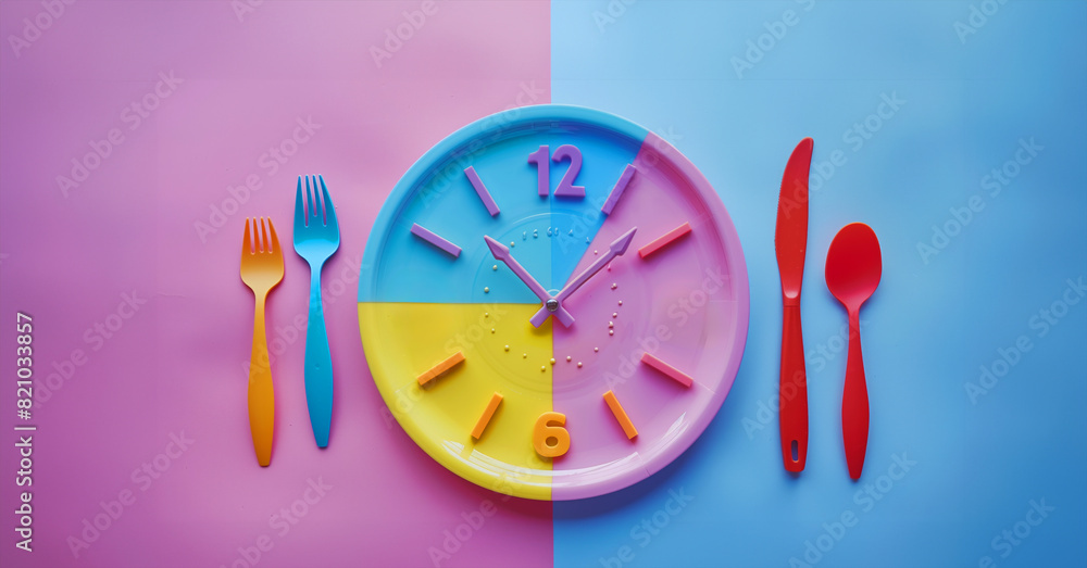 Poster the clock is set to the time. colorful cutlery arranged in the form of a clock on a plate. intermitt