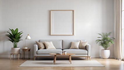 Fototapeta premium Scandinavian Living Room Frame Mockup – Gray Background: A minimalist living room with a gray wall and a thin black frame, perfect for Scandinavian style interiors. 