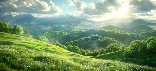 Green grassy hillside with trees and mountains, clouds and sunlight, lush vegetation, rolling hills, calm and serene nature scene evoking tranquility and harmony.