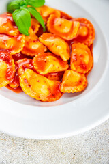 ravioli beef meat tomato sauce fresh cooking appetizer meal food snack on the table copy space food background rustic top view