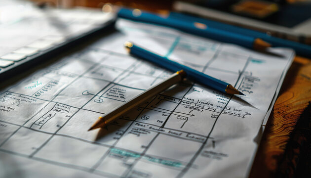 A close-up view of a paper calendar on a desk with two pencils on top, suggesting planning, scheduling, or organizing tasks or appointments.