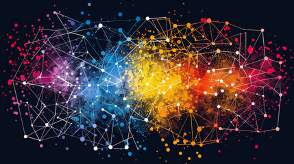 Obraz premium Abstract network concept with interconnected lines and dots arrayed across a gradient of colors from purple to yellow, suggesting a dynamic and complex data structure.