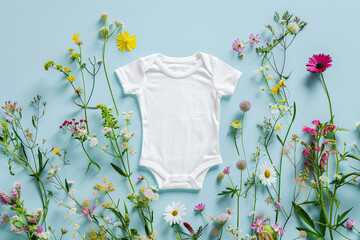 white baby vest on blue background with flowers 