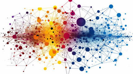 A colorful abstract representation of a network with interconnected nodes and links, illustrating concepts of connectivity, data, social media, or communication technology.