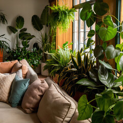 Interior of living room with green houseplants and sofas and windows