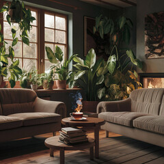 Modern Interior of living room with green houseplants and sofas and lights