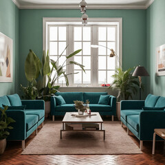 Modern interior design of apartment, Interior of living room with green houseplants and sofas