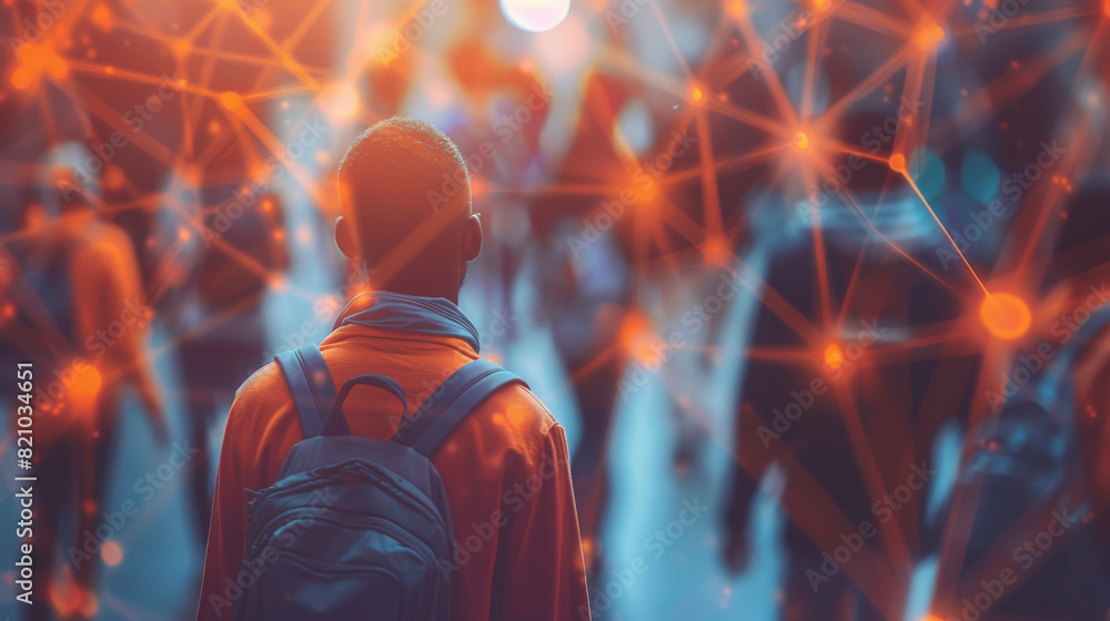 Aufkleber a person with a backpack stands amidst a digitally enhanced crowd with glowing connections represent