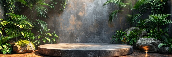 Modern Product Demonstration on a Concrete Podium with Greenery Generative AI