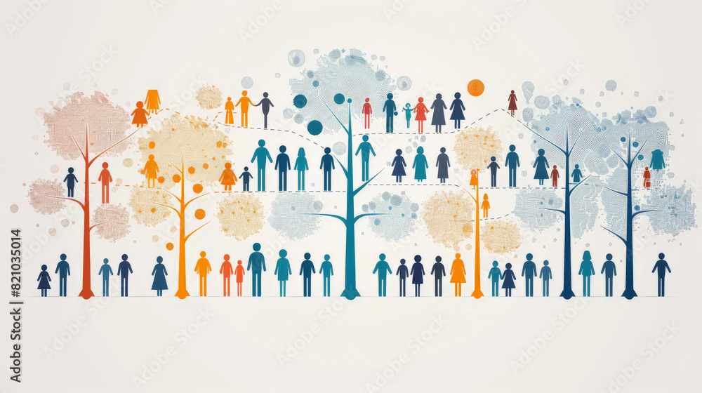 Aufkleber abstract illustration of diverse human figures arranged in a tree-like network structure, representi