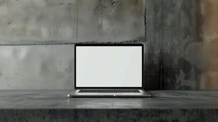 laptop mockup with white screen on concrete floor