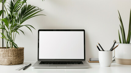 Fototapeta premium A mockup of an open laptop with a blank screen placed on an office desk, with a white wall background, boho style decorations around the frame, green plants and black accessories in front of it