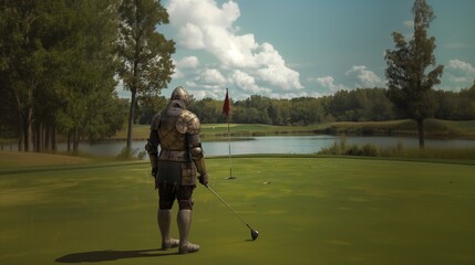medieval knight playing golf .Generative AI