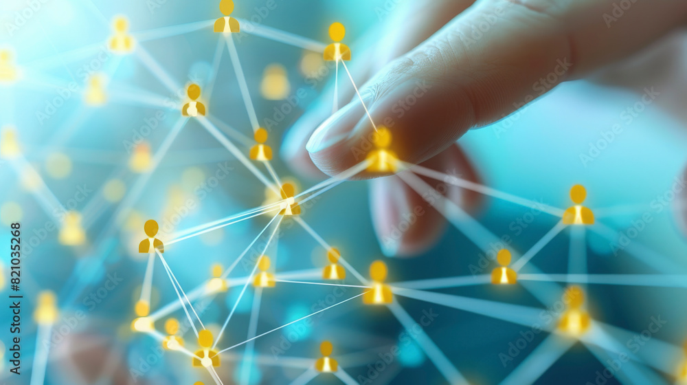 Poster a hand interacting with a digital network of connected nodes, representing concepts like connectivit