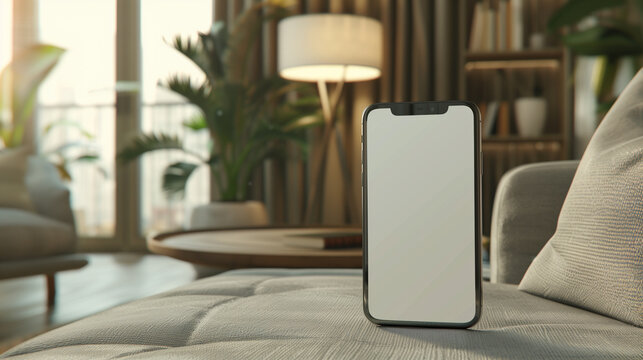 mockup of an iPhone standing on the sofa in the living room, with a white screen