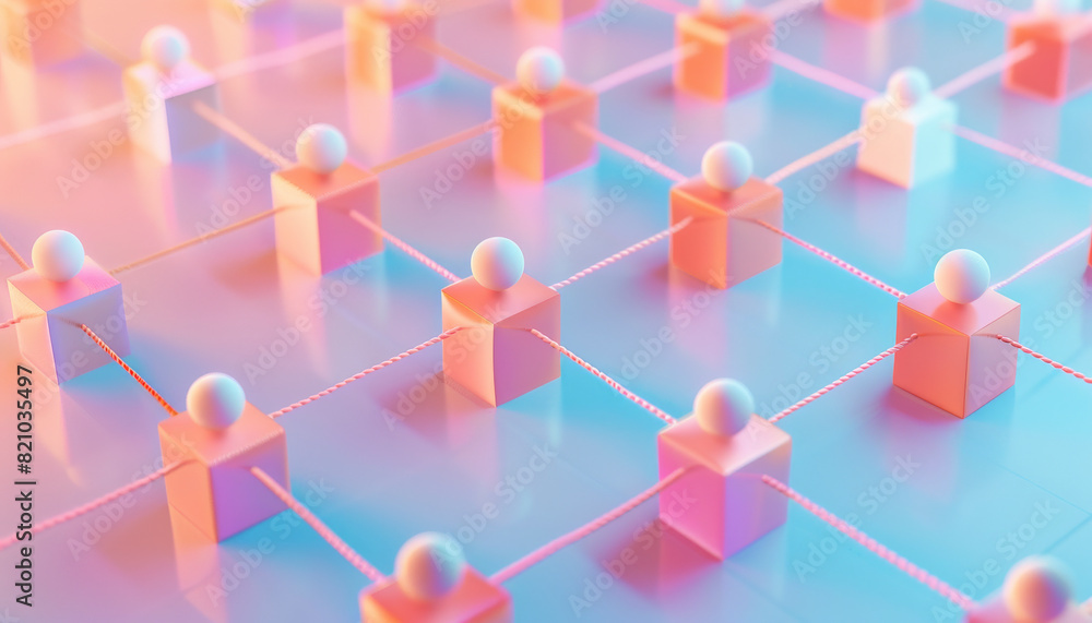 Poster a conceptual 3d network of connected nodes, representing people or data points, with pink and blue h