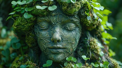 guardian of nature statue of a woman covered in green moss plants and roots in the wood nymph dryad fairy mystical myth and legend spirit of the forest.stock image