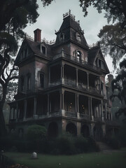 Obraz premium A haunted mansion with ghosts visible in the windows.