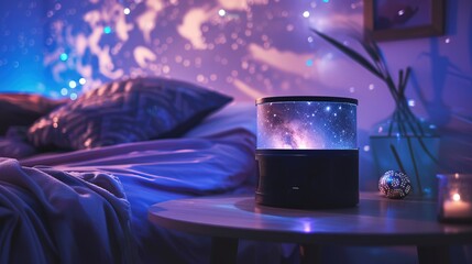 A star projector lights up a cozy bedroom with a celestial display