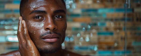 A stylish black man in his twenties is focused on skincare, using a serum on his face in a fashionable bathroom setting