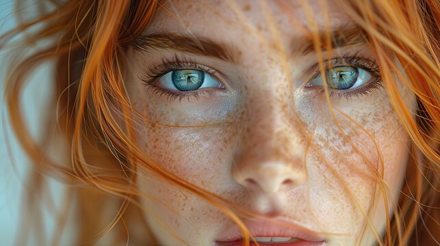 young girl with red hair frekles and intense blue eyes looking into the camera emotional and expressive realistic portrait with dramatic lighting .illustration