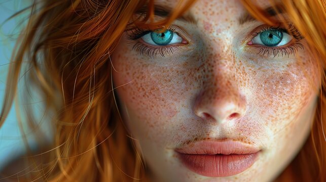 young girl with red hair frekles and intense blue eyes looking into the camera emotional and expressive realistic portrait with dramatic lighting .stock image