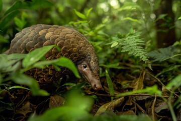 Fototapeta premium A close-up portrait of a pangolin in its jungle habitat, looking towards the camera. Horizontal. Space for copy.