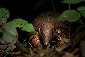 A close-up portrait of a pangolin in its jungle habitat, looking towards the camera. Horizontal. Space for copy.