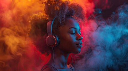 african woman wearing headphones enjoying music beats feeling emotions in vibrant color pulse colorful dynamic sound vibes and abstract digital light effects.illustration