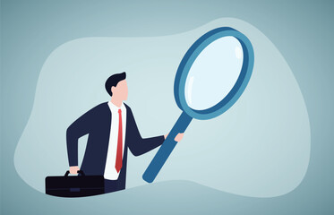 Businessman holding magnifying glass. Searching opportunity or inspecting. Recruitment and human resources concept.